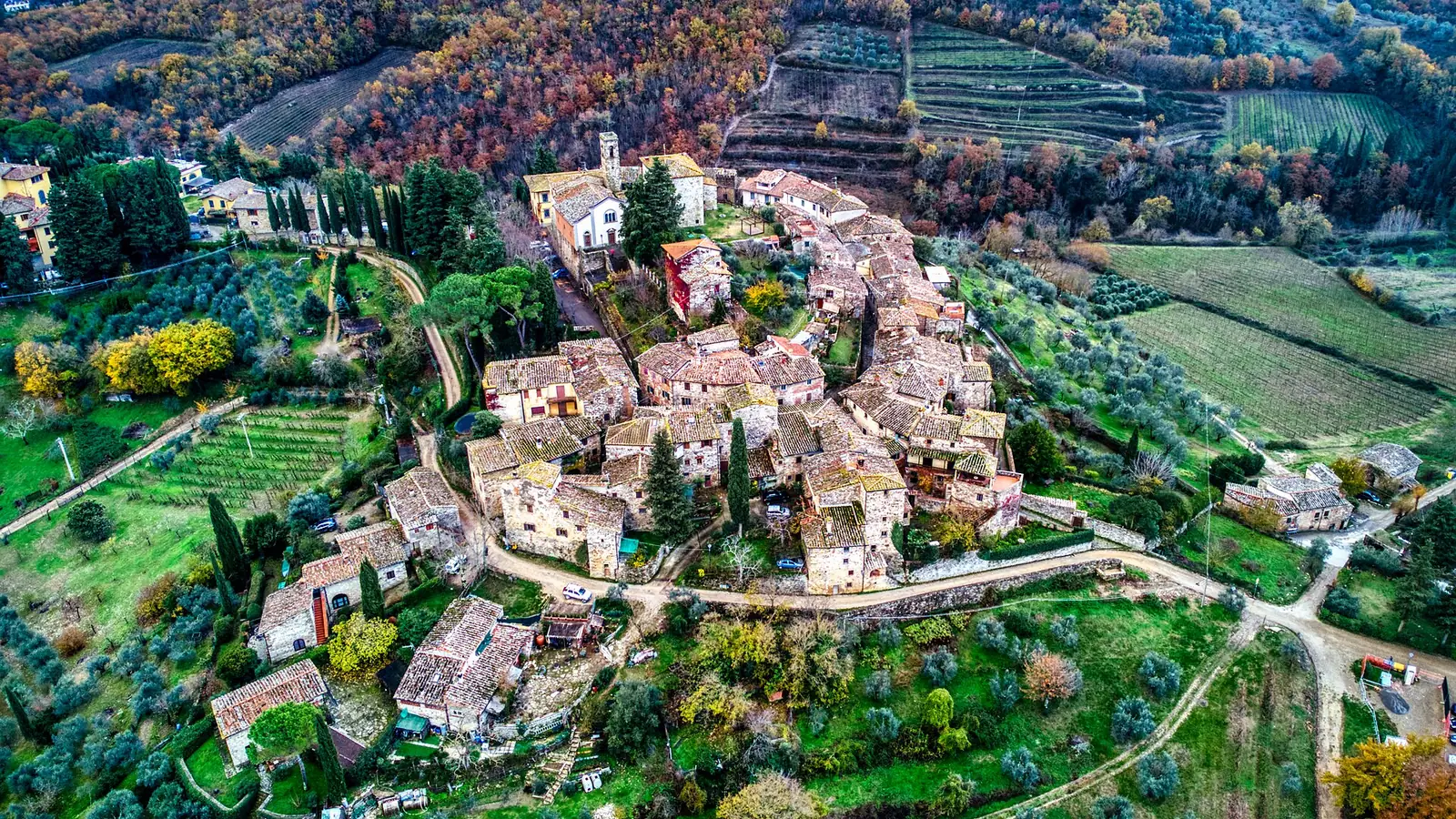 Veduta dall'alto del borgo fortificato di Montefioralle circondato dai vigneti